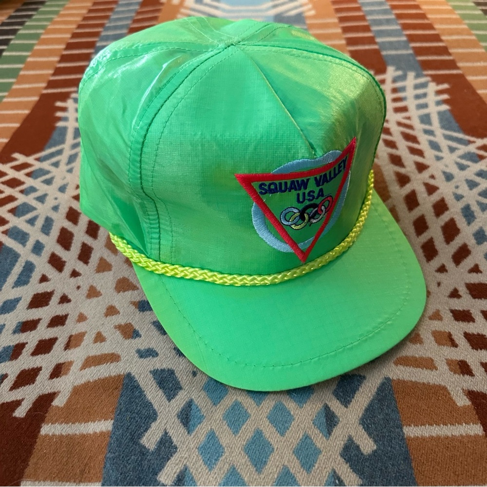Vintage Neon Green Squaw Valley USA Rope-Trim Hat